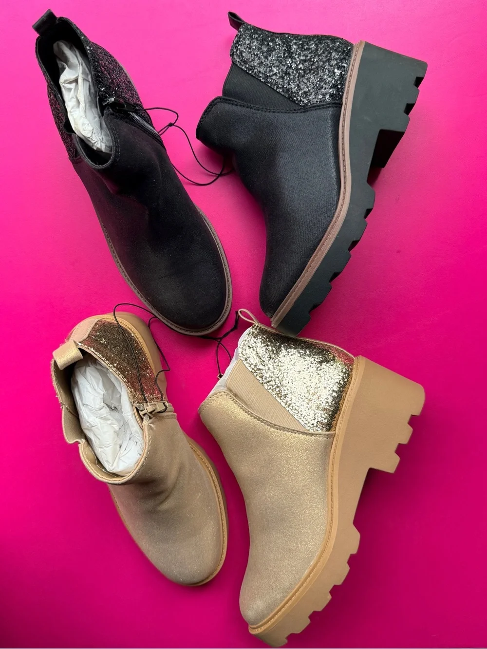 MIA Girls Boot Bundle Leila Chelsea Boot Lug Sole NWT Black Gold Glitter Youth 4